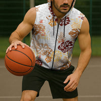Brown Aloha Hawaiian Sleeveless Zip Hoodie Monstera Hibiscus Tropical Pattern