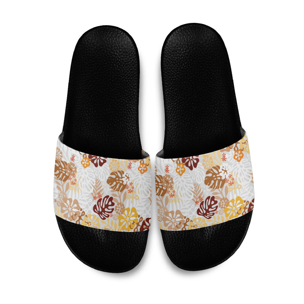 Brown Aloha Hawaiian Slide Sandals Monstera Hibiscus Tropical Pattern