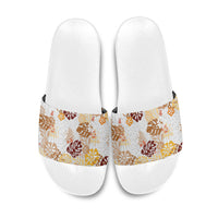 Brown Aloha Hawaiian Slide Sandals Monstera Hibiscus Tropical Pattern