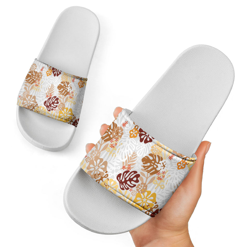 Brown Aloha Hawaiian Slide Sandals Monstera Hibiscus Tropical Pattern