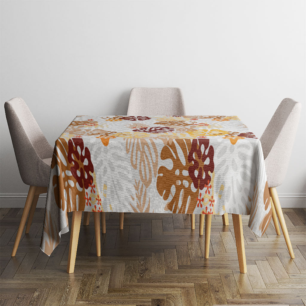 Brown Aloha Hawaiian Tablecloth Monstera Hibiscus Tropical Pattern