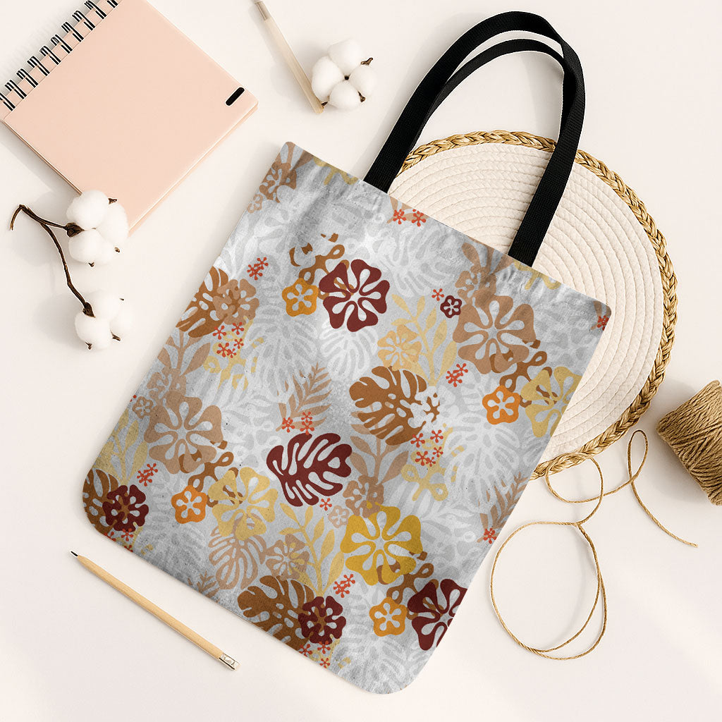 Brown Aloha Hawaiian Tote Bag Monstera Hibiscus Tropical Pattern