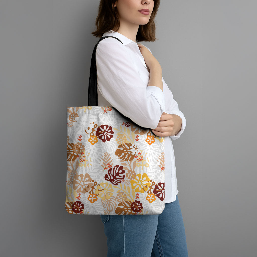 Brown Aloha Hawaiian Tote Bag Monstera Hibiscus Tropical Pattern
