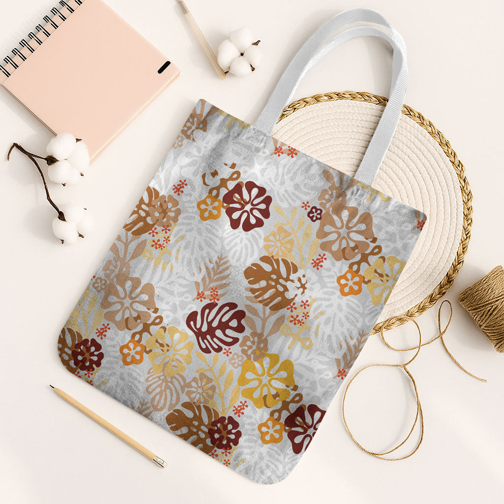 Brown Aloha Hawaiian Tote Bag Monstera Hibiscus Tropical Pattern