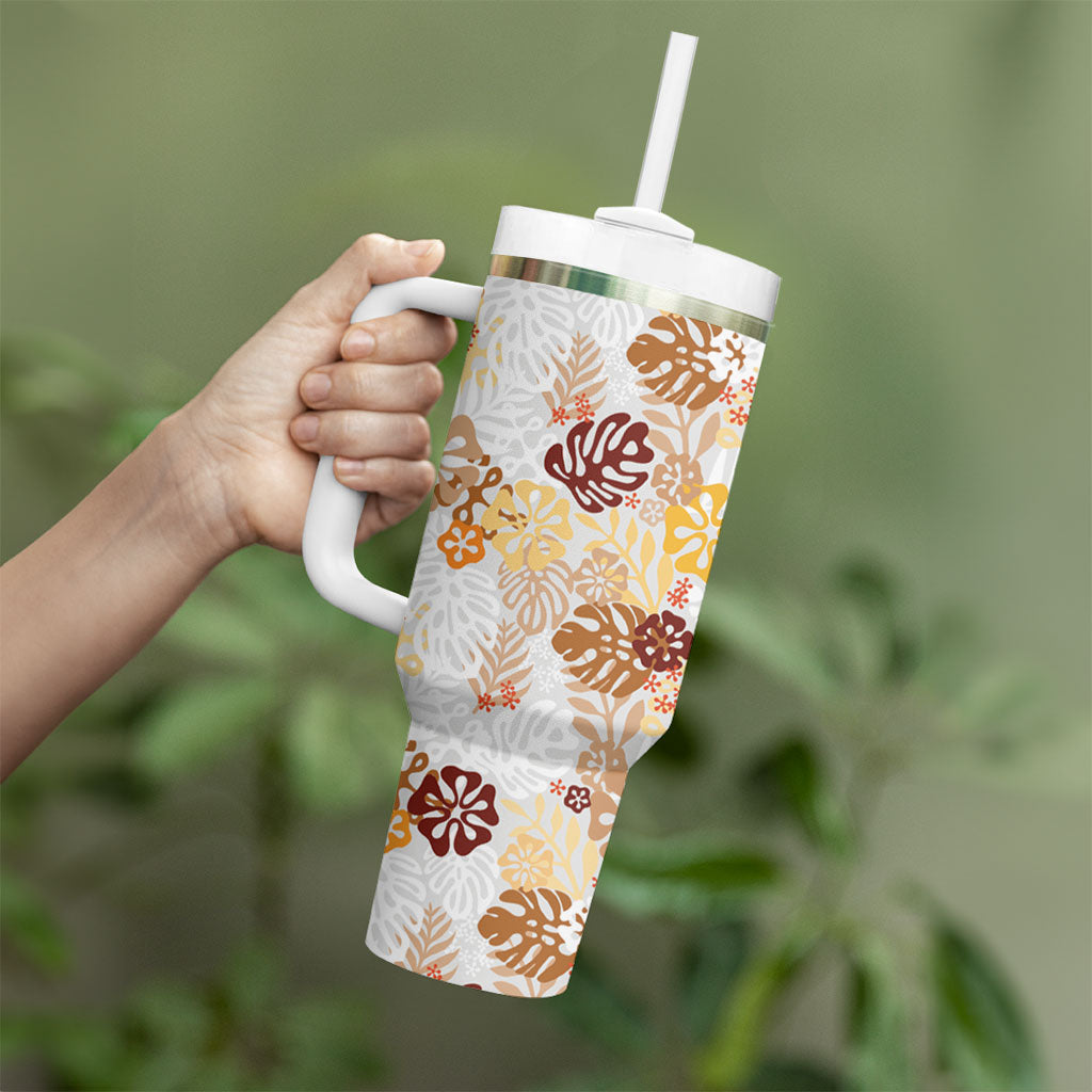 Brown Aloha Hawaiian Tumbler With Handle Monstera Hibiscus Tropical Pattern