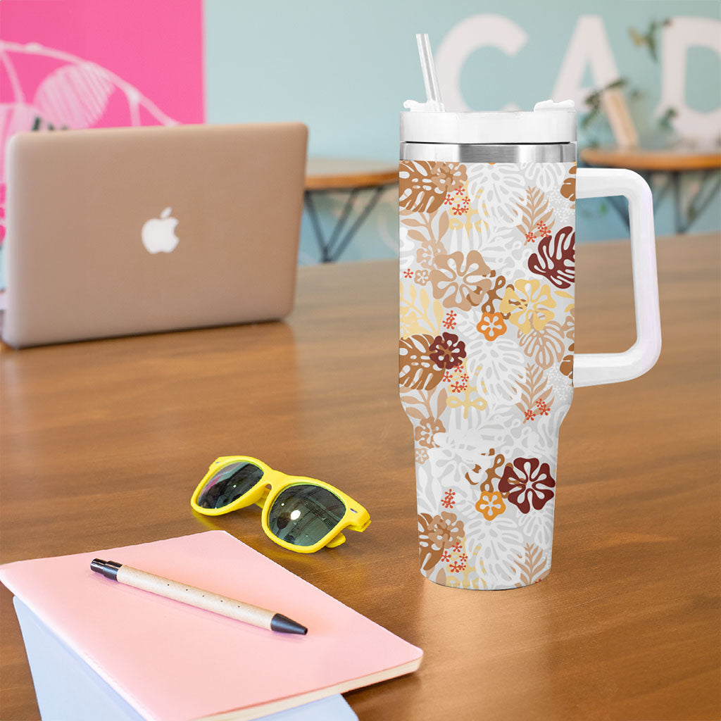Brown Aloha Hawaiian Tumbler With Handle Monstera Hibiscus Tropical Pattern