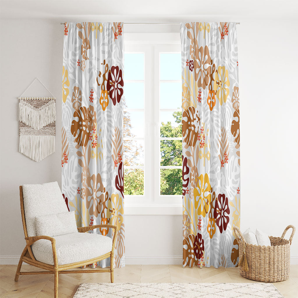 Brown Aloha Hawaiian Window Curtain Monstera Hibiscus Tropical Pattern