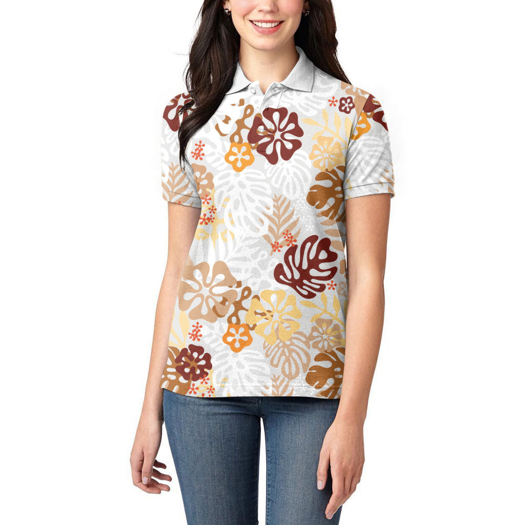 Brown Aloha Hawaiian Women Polo Shirt Monstera Hibiscus Tropical Pattern