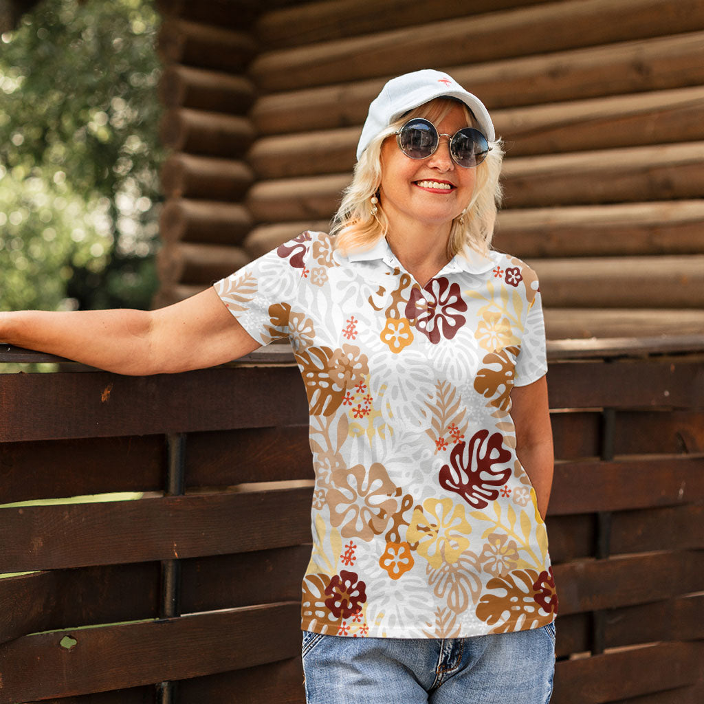 Brown Aloha Hawaiian Women Polo Shirt Monstera Hibiscus Tropical Pattern