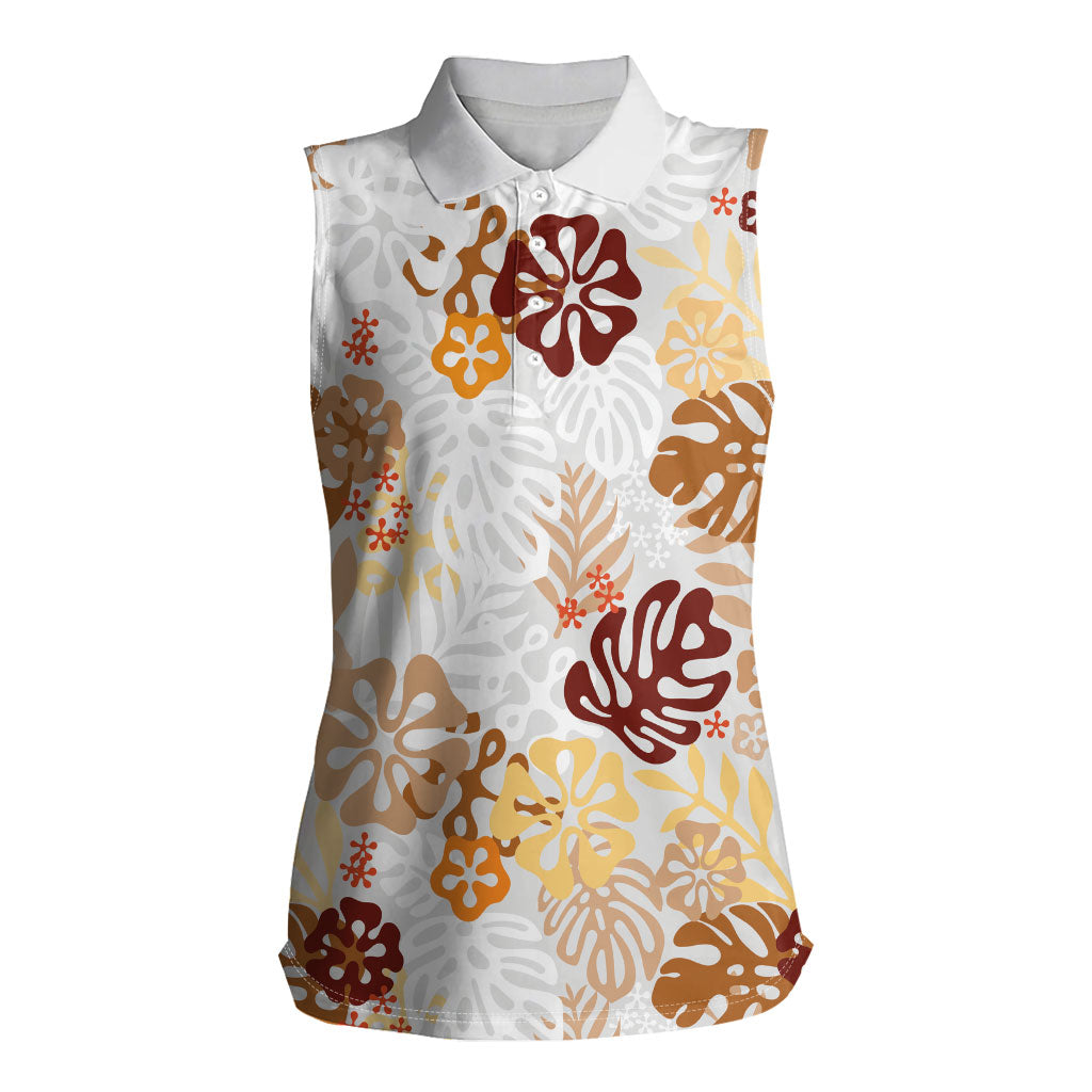 Brown Aloha Hawaiian Women Sleeveless Polo Shirt Monstera Hibiscus Tropical Pattern