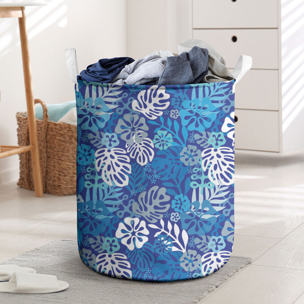 Blue Aloha Hawaiian Laundry Basket Monstera Hibiscus Tropical Pattern LT19 Blue - Polynesian Pride