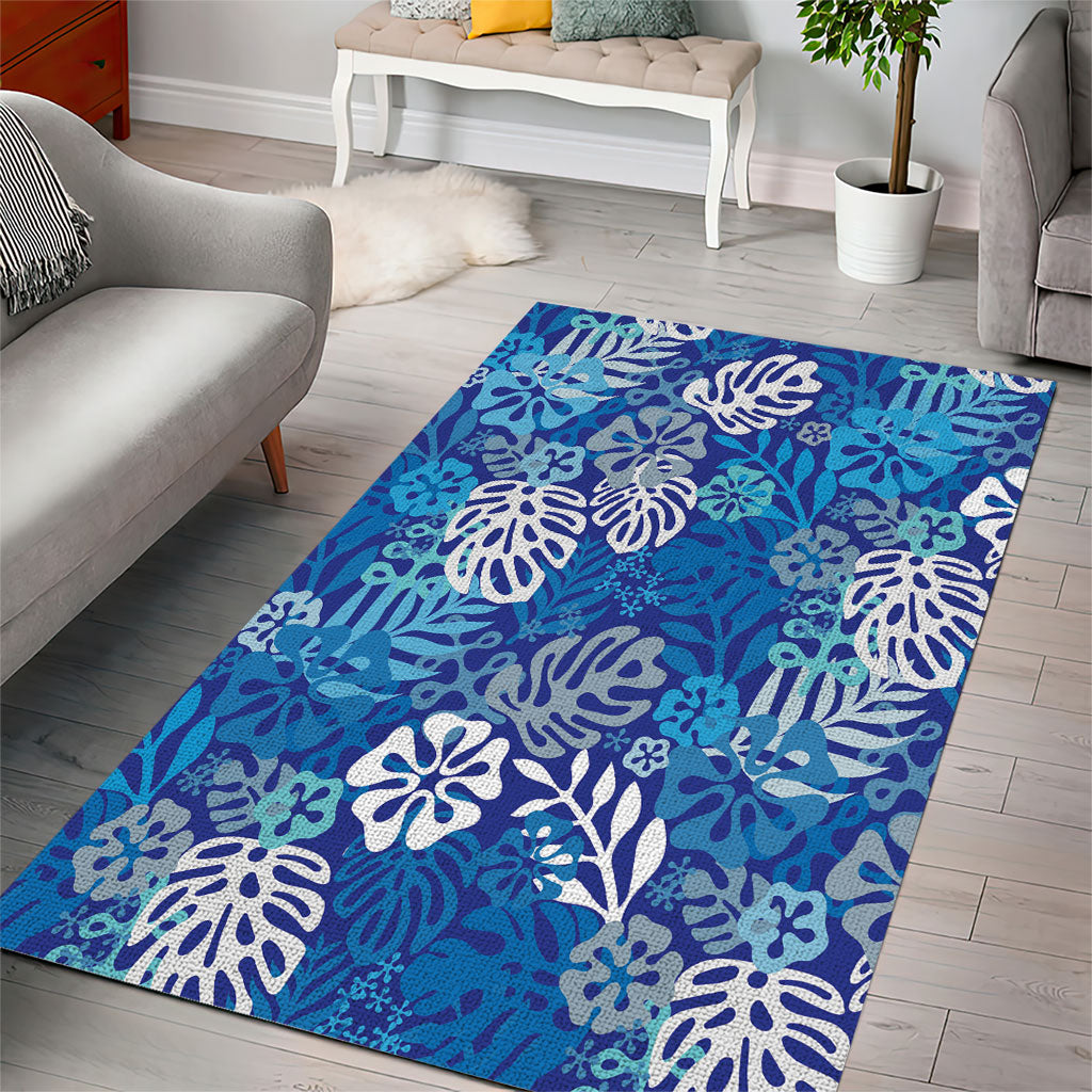 Blue Aloha Hawaiian Area Rug Monstera Hibiscus Tropical Pattern