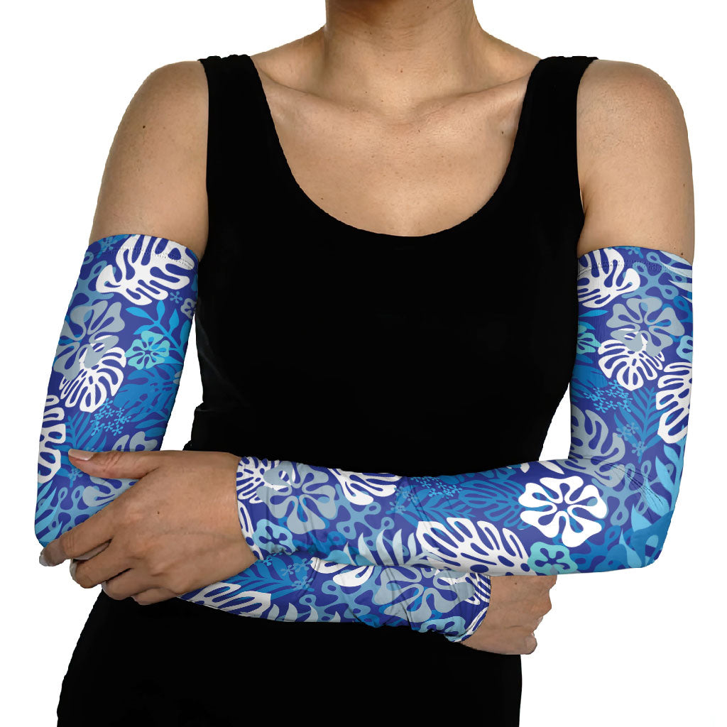 Blue Aloha Hawaiian Arm Sleeves Monstera Hibiscus Tropical Pattern