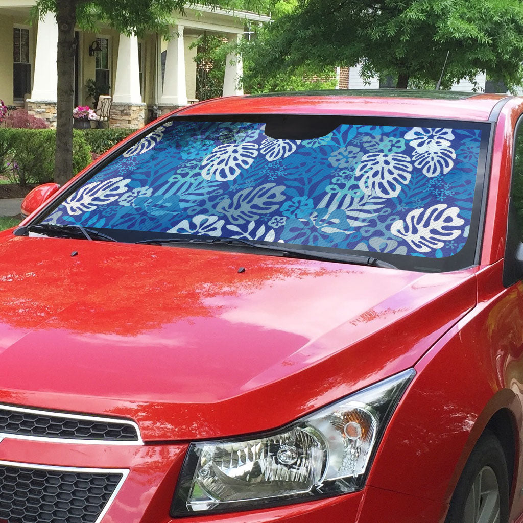 Blue Aloha Hawaiian Auto Sun Shade Monstera Hibiscus Tropical Pattern