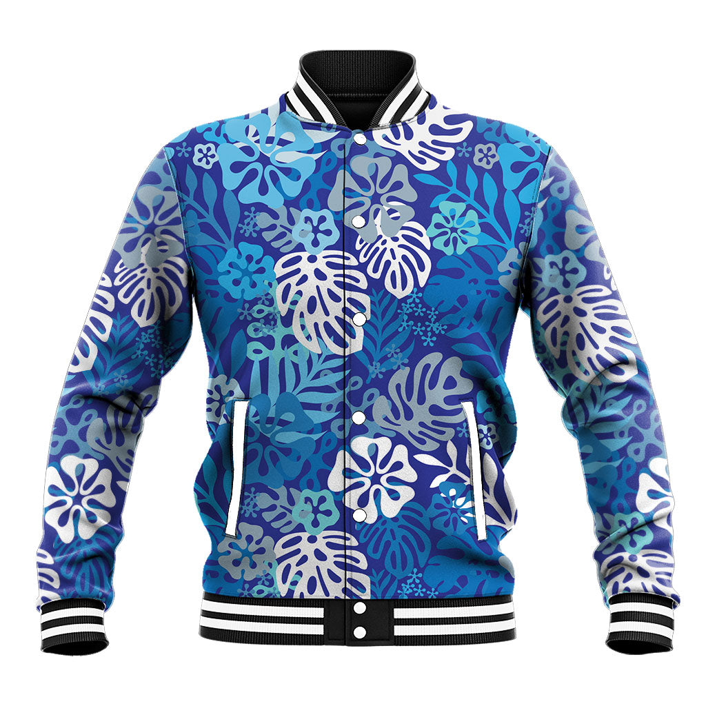 Blue Aloha Hawaiian Baseball Jacket Monstera Hibiscus Tropical Pattern