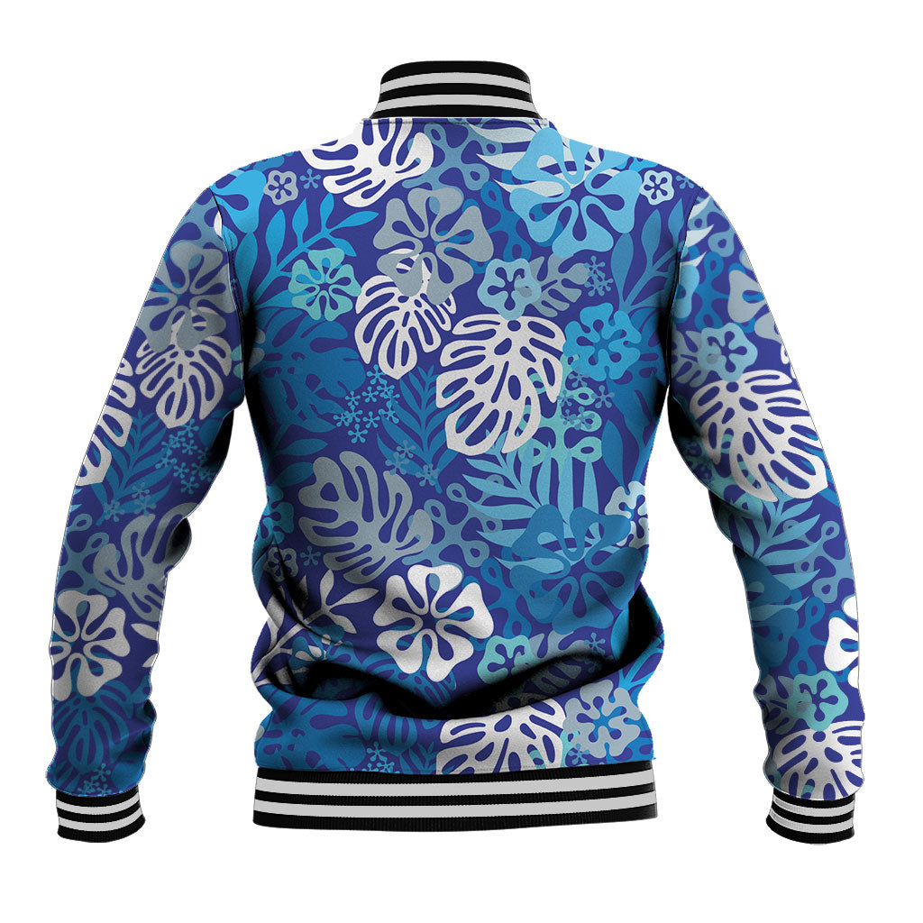 Blue Aloha Hawaiian Baseball Jacket Monstera Hibiscus Tropical Pattern