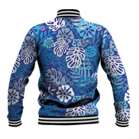 Blue Aloha Hawaiian Baseball Jacket Monstera Hibiscus Tropical Pattern