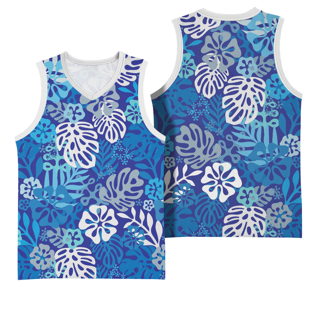 Blue Aloha Hawaiian Basketball Jersey Monstera Hibiscus Tropical Pattern
