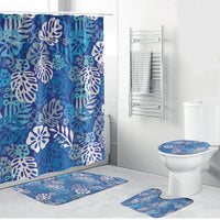 Blue Aloha Hawaiian Bathroom Set Monstera Hibiscus Tropical Pattern
