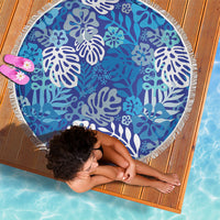 Blue Aloha Hawaiian Beach Blanket Monstera Hibiscus Tropical Pattern