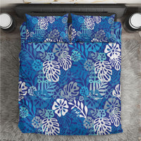 Blue Aloha Hawaiian Bedding Set Monstera Hibiscus Tropical Pattern