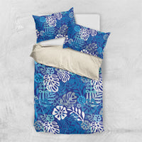 Blue Aloha Hawaiian Bedding Set Monstera Hibiscus Tropical Pattern