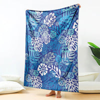 Blue Aloha Hawaiian Blanket Monstera Hibiscus Tropical Pattern