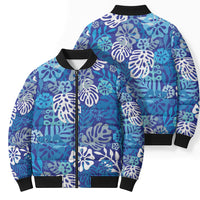 Blue Aloha Hawaiian Bomber Puffer Jacket Monstera Hibiscus Tropical Pattern