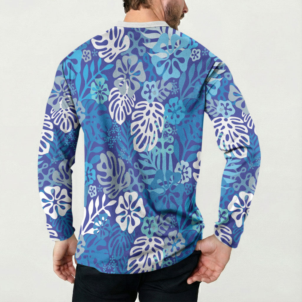 Blue Aloha Hawaiian Button Sweatshirt Monstera Hibiscus Tropical Pattern