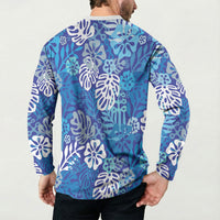 Blue Aloha Hawaiian Button Sweatshirt Monstera Hibiscus Tropical Pattern