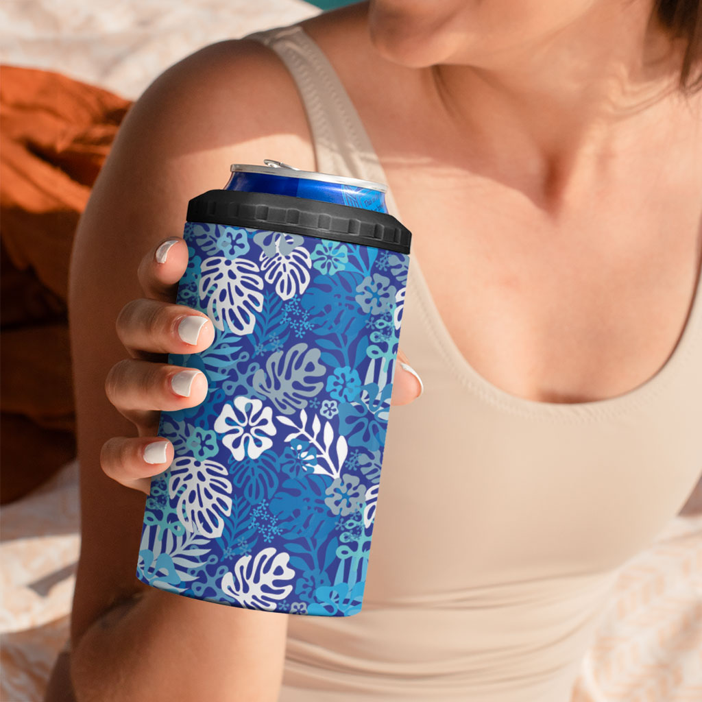 Blue Aloha Hawaiian 4 in 1 Can Cooler Tumbler Monstera Hibiscus Tropical Pattern