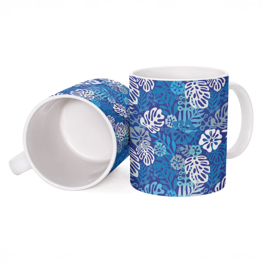 Blue Aloha Hawaiian Ceramic Mug Monstera Hibiscus Tropical Pattern