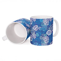 Blue Aloha Hawaiian Ceramic Mug Monstera Hibiscus Tropical Pattern