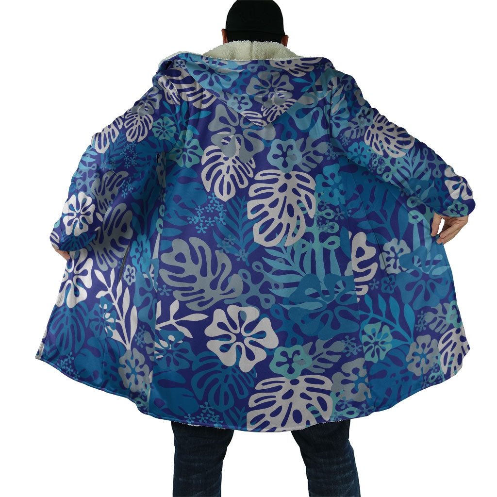 Blue Aloha Hawaiian Cloak Monstera Hibiscus Tropical Pattern