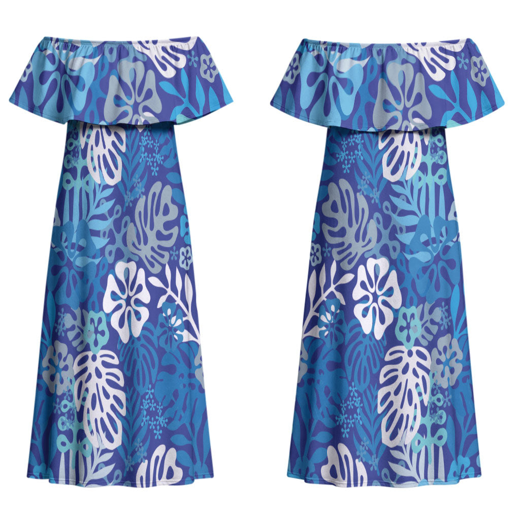 Blue Aloha Hawaiian Couples Matching Off Shoulder Maxi Dress and Hawaiian Shirt Monstera Hibiscus Tropical Pattern