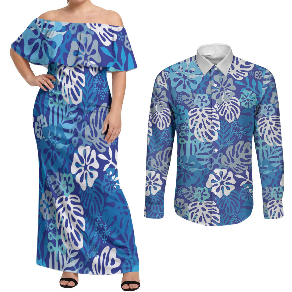 Blue Aloha Hawaiian Couples Matching Off Shoulder Maxi Dress and Long Sleeve Button Shirt Monstera Hibiscus Tropical Pattern