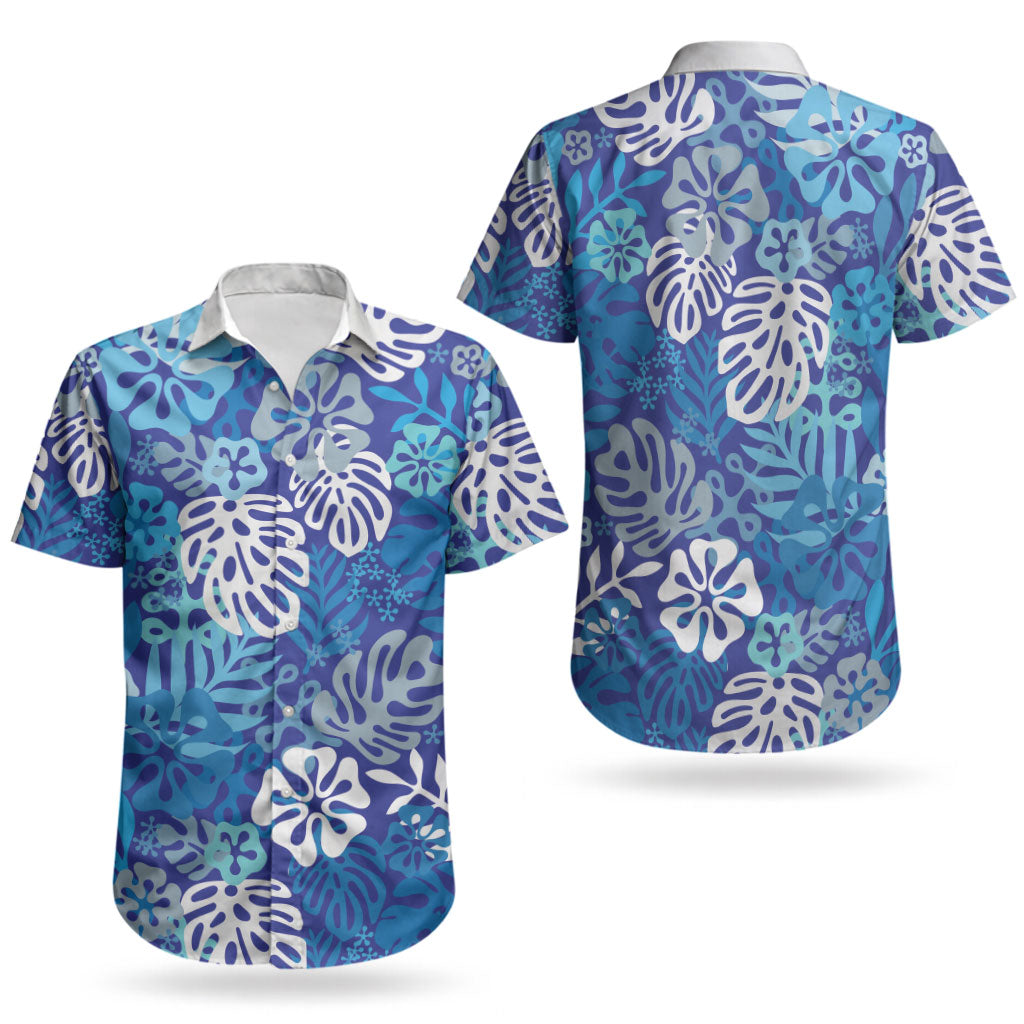 Blue Aloha Hawaiian Couples Matching Off Shoulder Short Dress and Hawaiian Shirt Monstera Hibiscus Tropical Pattern