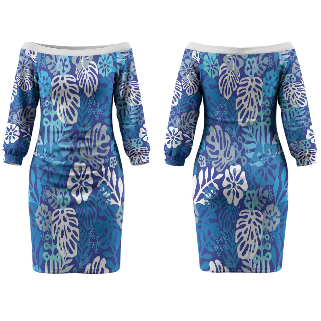 Blue Aloha Hawaiian Couples Matching Off The Shoulder Long Sleeve Dress and Hawaiian Shirt Monstera Hibiscus Tropical Pattern