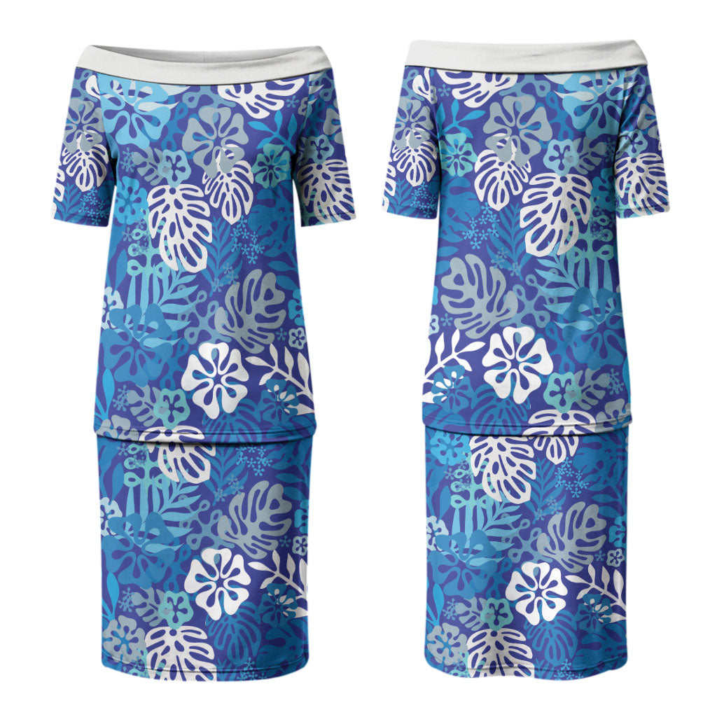 Blue Aloha Hawaiian Couples Matching Puletasi and Hawaiian Shirt Monstera Hibiscus Tropical Pattern