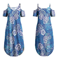 Blue Aloha Hawaiian Couples Matching Summer Maxi Dress and Long Sleeve Button Shirt Monstera Hibiscus Tropical Pattern