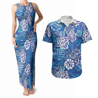 Blue Aloha Hawaiian Couples Matching Tank Maxi Dress and Hawaiian Shirt Monstera Hibiscus Tropical Pattern