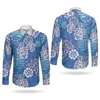 Blue Aloha Hawaiian Couples Matching Tank Maxi Dress and Long Sleeve Button Shirt Monstera Hibiscus Tropical Pattern