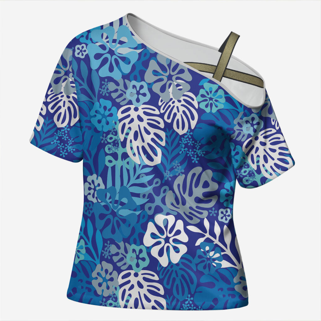 Blue Aloha Hawaiian Cross Shoulder Shirt Monstera Hibiscus Tropical Pattern