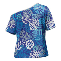 Blue Aloha Hawaiian Cross Shoulder Shirt Monstera Hibiscus Tropical Pattern