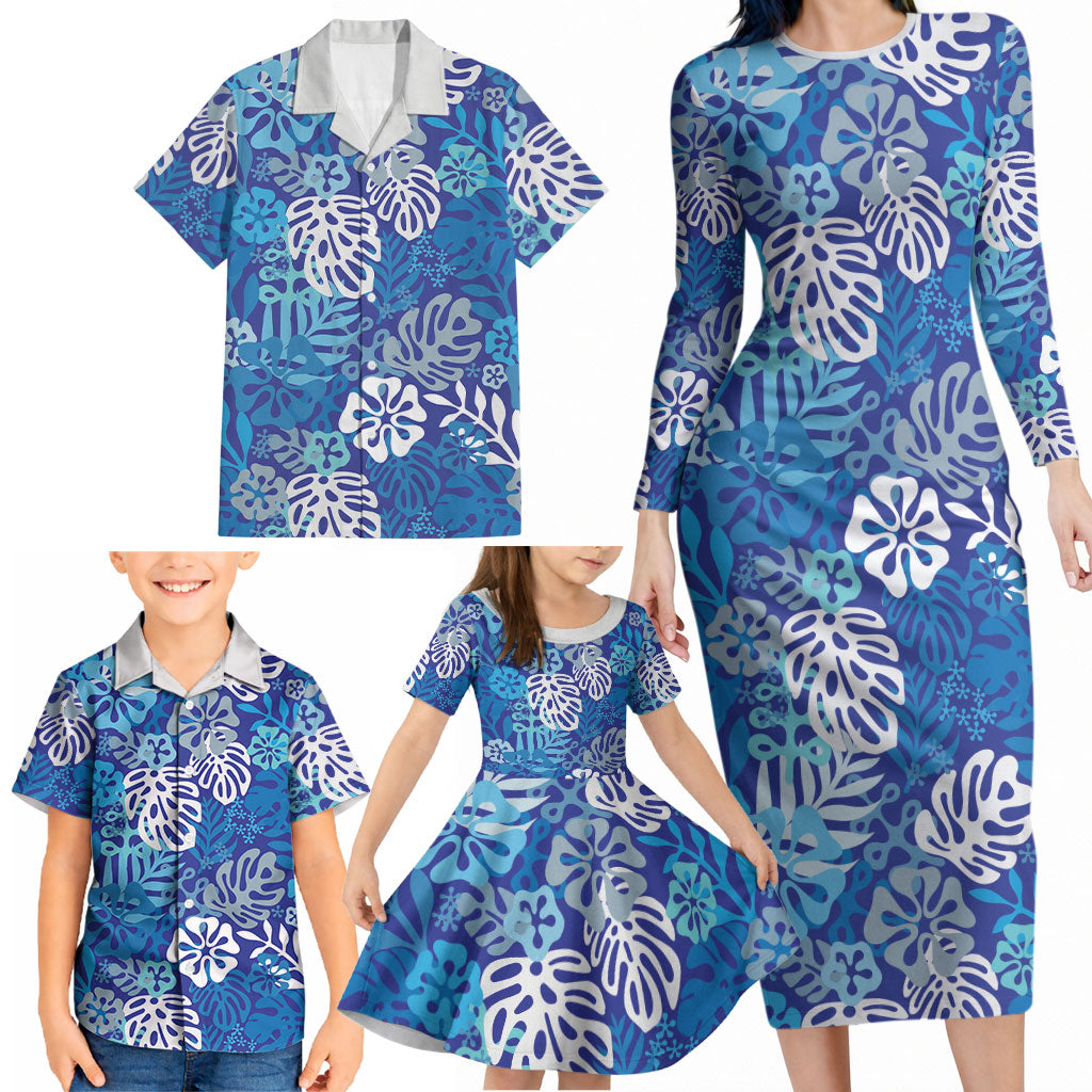 Blue Aloha Hawaiian Family Matching Long Sleeve Bodycon Dress and Hawaiian Shirt Monstera Hibiscus Tropical Pattern LT19 - Polynesian Pride