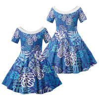 Blue Aloha Hawaiian Family Matching Long Sleeve Bodycon Dress and Hawaiian Shirt Monstera Hibiscus Tropical Pattern