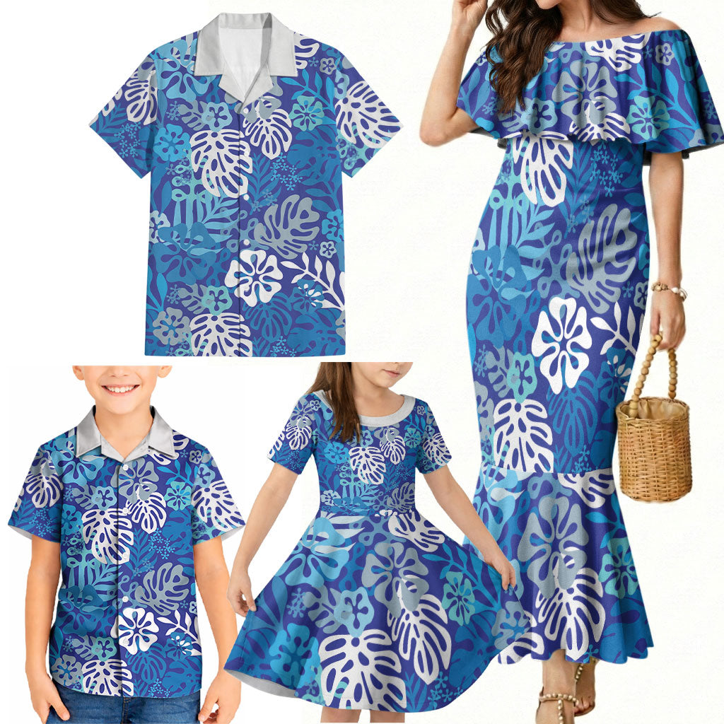 Blue Aloha Hawaiian Family Matching Mermaid Dress and Hawaiian Shirt Monstera Hibiscus Tropical Pattern