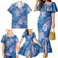 Blue Aloha Hawaiian Family Matching Mermaid Dress and Hawaiian Shirt Monstera Hibiscus Tropical Pattern