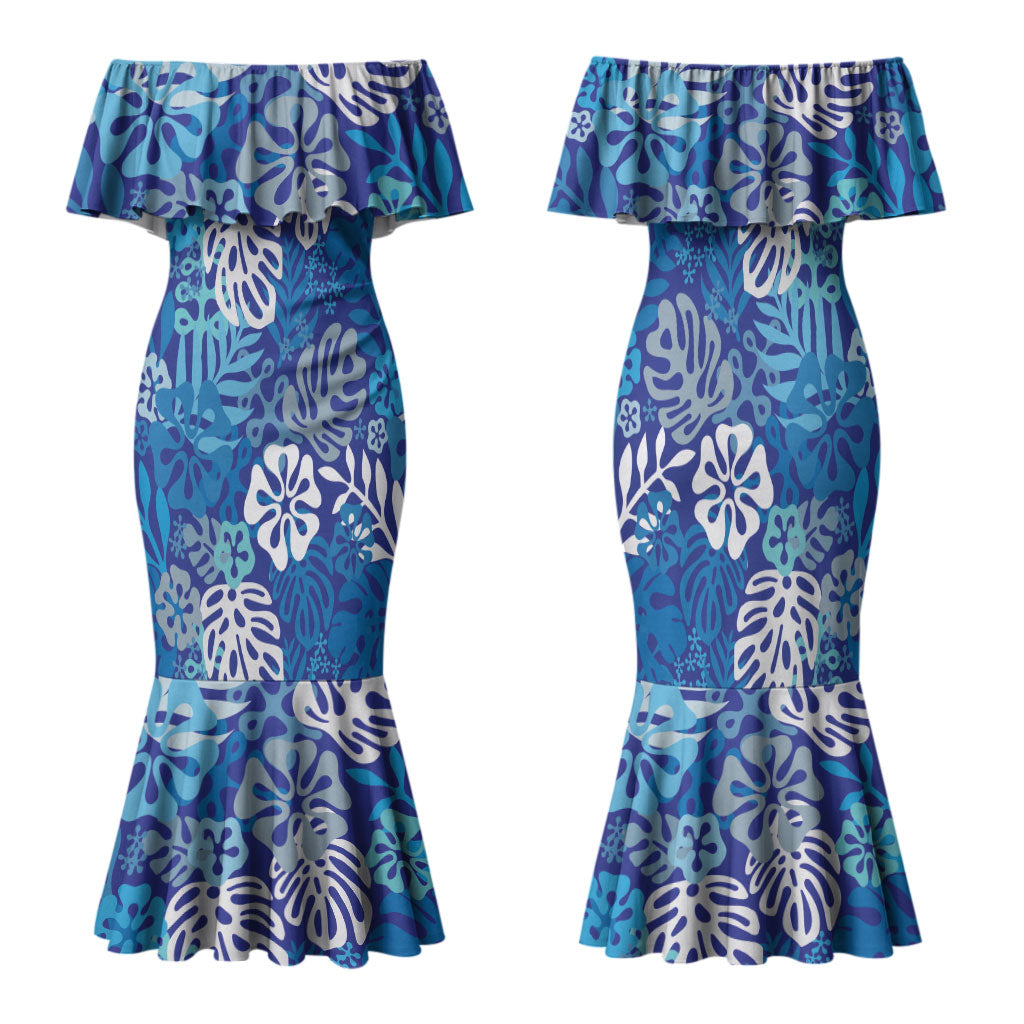 Blue Aloha Hawaiian Family Matching Mermaid Dress and Hawaiian Shirt Monstera Hibiscus Tropical Pattern