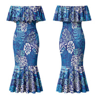 Blue Aloha Hawaiian Family Matching Mermaid Dress and Hawaiian Shirt Monstera Hibiscus Tropical Pattern
